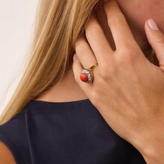 Edwardian coral diamond 18k yellow gold platinum cluster ring