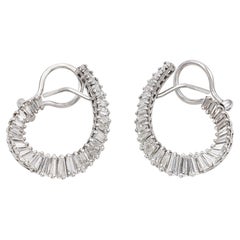 French Vintage 6.00 carat baguette cut diamond white gold hoop earrings