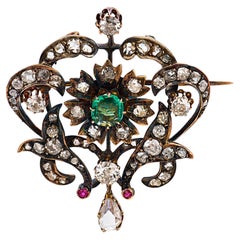 Victorian emerald diamond ruby 18k gold and silver brooch