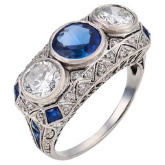 Art Deco style sapphire diamond platinum three stone ring