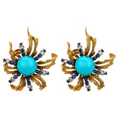 Mid Century turquoise sapphire diamond 18k yellow and white gold earrings