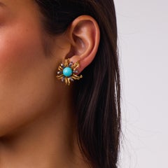 Mid Century turquoise sapphire diamond 18k yellow and white gold earrings