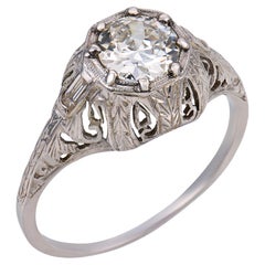 Art Deco GIA 1.00 carat diamond 18k white gold filigree ring