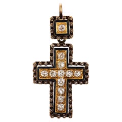 French victorian old cut diamond 18k yellow gold cross pendant