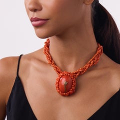 Victorian Coral Diamond Necklace, 18k Yellow Gold, Circa 1880, 96.72g