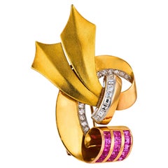 Retro pink sapphire diamond 18k yellow gold platinum brooch