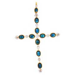Vintage 6.50 carat sapphire diamond 18k yellow gold platinum cross pendant