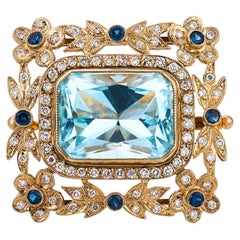 Vintage 14.00 carat aquamarine diamond sapphire 14k yellow gold silver brooch