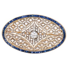 Edwardian diamond sapphire 18k yellow gold platinum brooch
