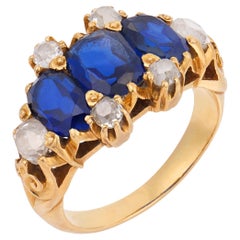 Victorian 5.00 carat no heat sapphire diamond 18k yellow gold 3 stone ring