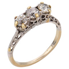 Art Deco old European cut diamond 14k white gold three stone ring