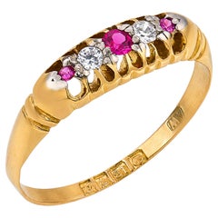 Victorian English ruby diamond 18k yellow gold 5 stone band ring