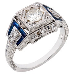 Art Deco style diamond sapphire 14k white gold ring