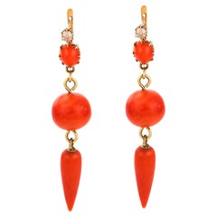 Victorian diamond coral 14k yellow gold earrings