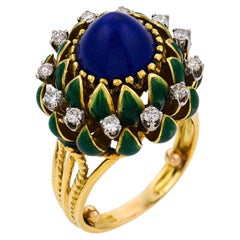 Vintage lapis lazuli diamond 18k yellow gold green enamel ring