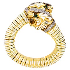 David Webb diamond emerald enamel 18k gold and platinum tiger bracelet