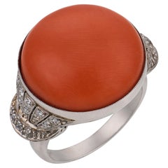 Art Deco Coral Diamond Cocktail Ring in Platinum, Circa 1930, 0.40ct