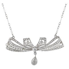 Edwardian Platinum Necklace with 0.30ct Diamond and Seed Pearls, 1910s