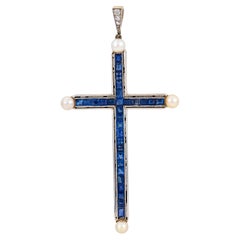 Art Deco 2.00 sapphire pearl diamond 14k yellow gold platinum cross pendant