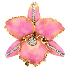 Vintage diamond pink enamel 18k yellow gold flower brooch
