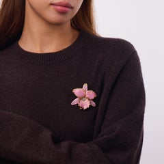Vintage diamond pink enamel 18k yellow gold flower brooch