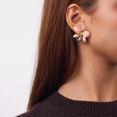 Vintage diamond pink enamel 18k yellow gold flower earrings