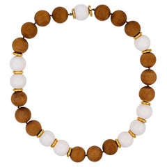 Seaman Schepps vintage white agate wood 18k yellow gold bead necklace