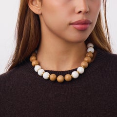 Seaman Schepps vintage white agate wood 18k yellow gold bead necklace