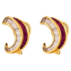Orecchini vintage con diamanti e rubini da 4,30 carati, in oro giallo 18 carati, con motivo a spirale