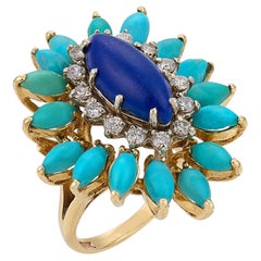 Vintage lapis lazuli diamond turquoise 14k yellow gold cocktail ring