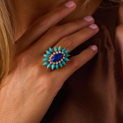 Vintage lapis lazuli diamond turquoise 14k yellow gold cocktail ring