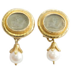 Vintage Elizabeth Locke Day and Night Carved Glass Pearl Gold Earrings