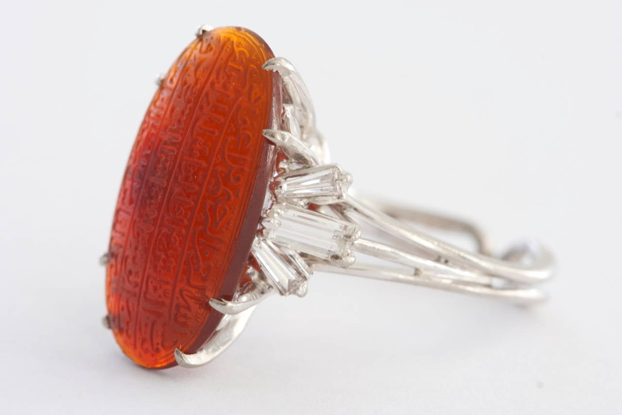 Carnelian Intaglio Diamond Platinum Ring