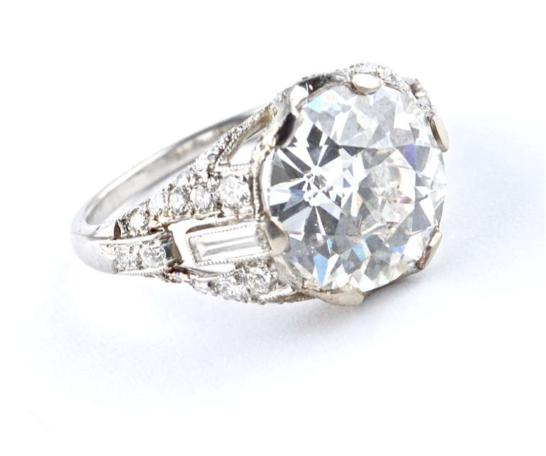 Fine GIA F color 5.22 Carat Art Deco Diamond Ring In Excellent Condition In Beverly Hills, CA
