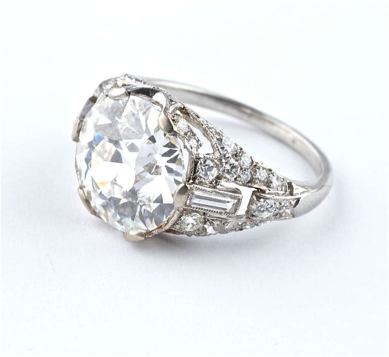 The 5.22 Old Euro Cut is certified by GIA as F color and SI1 clarity. The ring is a fine example of Art Deco jewelry and is hand crafted in platinum.
A white old Euro in this size is hard to find. Most old European cut white diamonds over 4 carats 