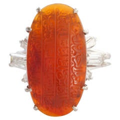 Carnelian Intaglio Diamond Platinum Ring