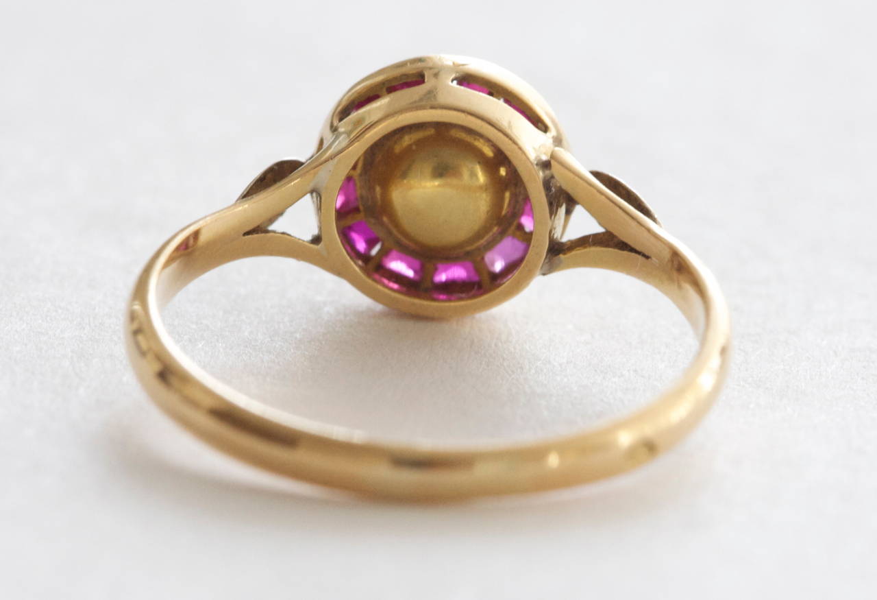 Art Deco Pearl Ruby Gold Engagement Ring