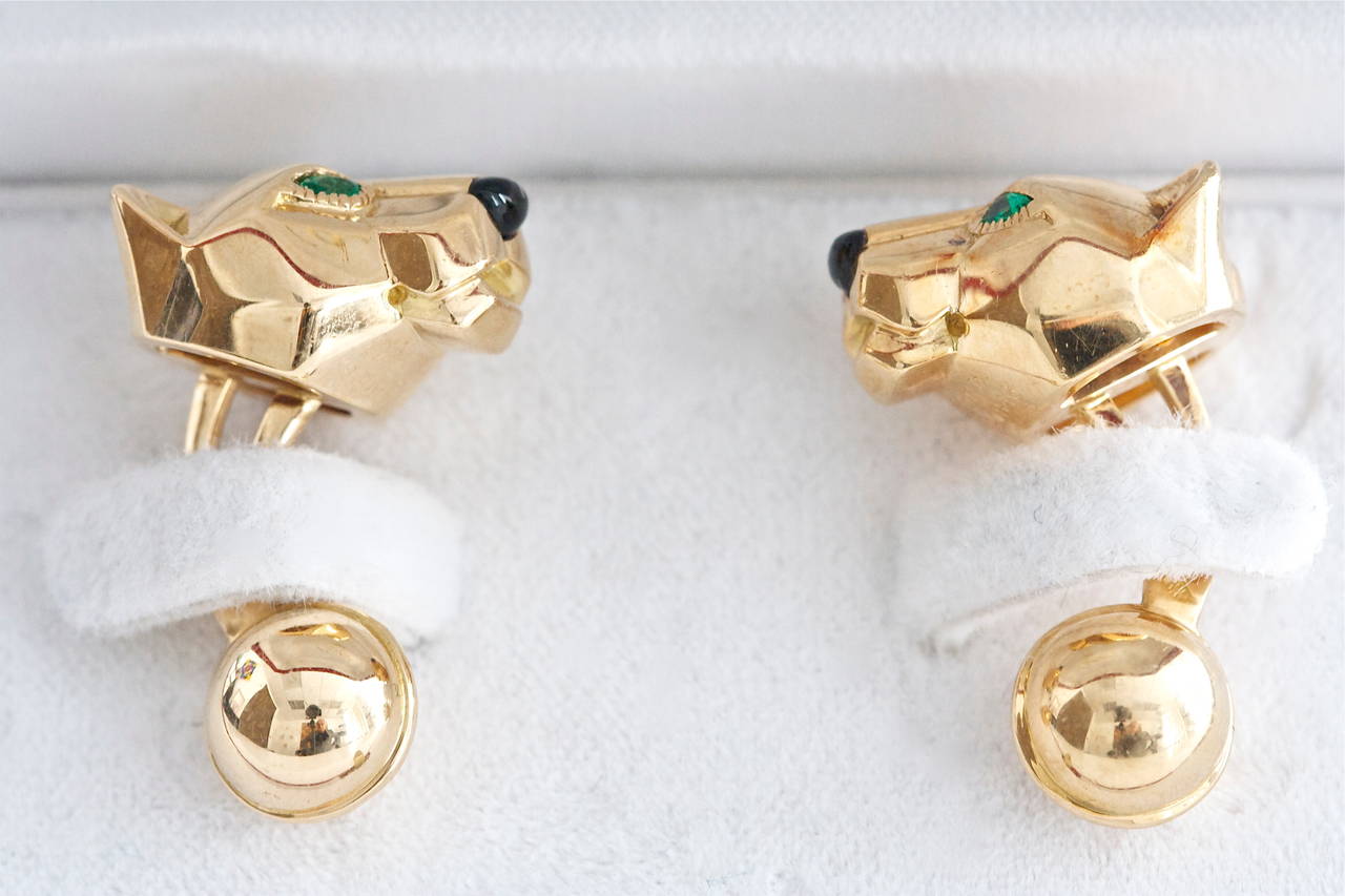 Modern Cartier Emerald Onyx Gold Panther Cufflinks
