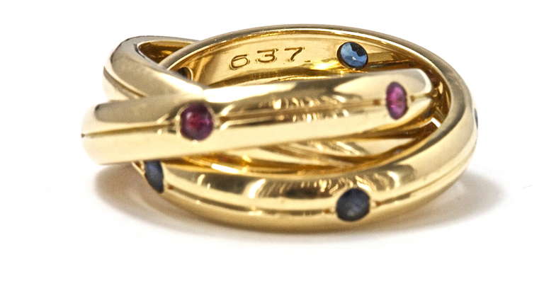 Cartier Trinity Ruby Sapphire Diamond Gold Ring In Excellent Condition In Beverly Hills, CA