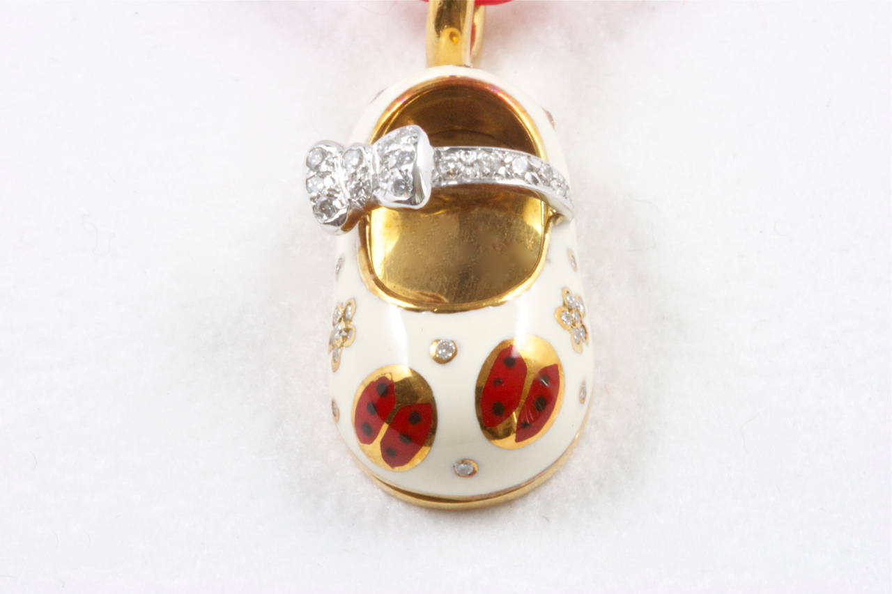 Exquisite Aaron Basha Enamel Diamond Gold Ladybug Slipper Pendant