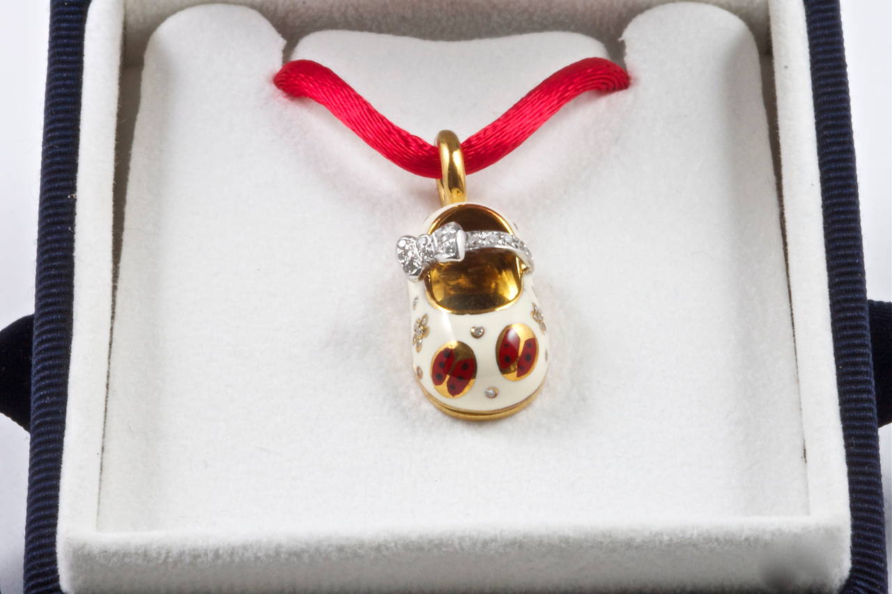 Exquisite Aaron Basha Enamel Diamond Gold Ladybug Slipper Pendant 2