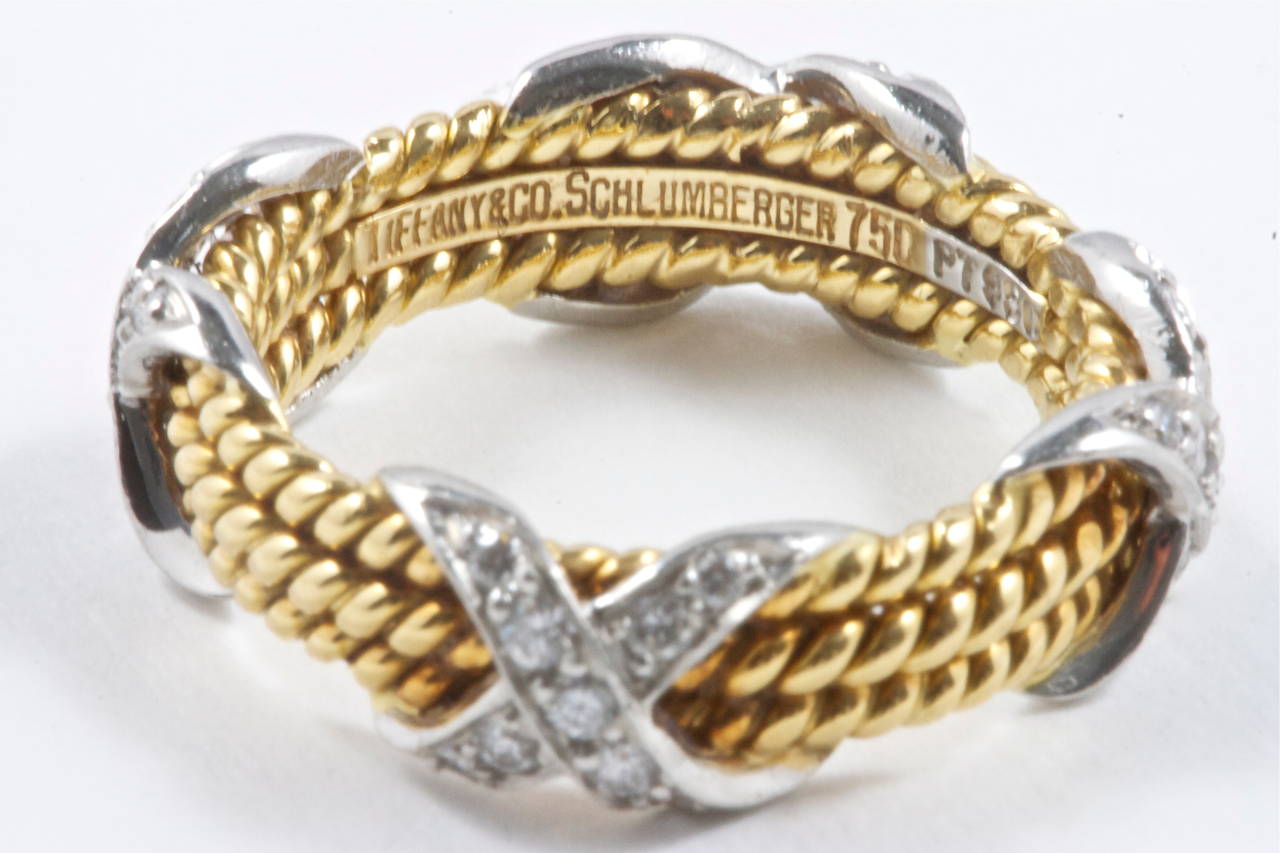 Tiffany & Co. Schlumberger Diamond Gold Platinum Band Ring In Excellent Condition In Beverly Hills, CA