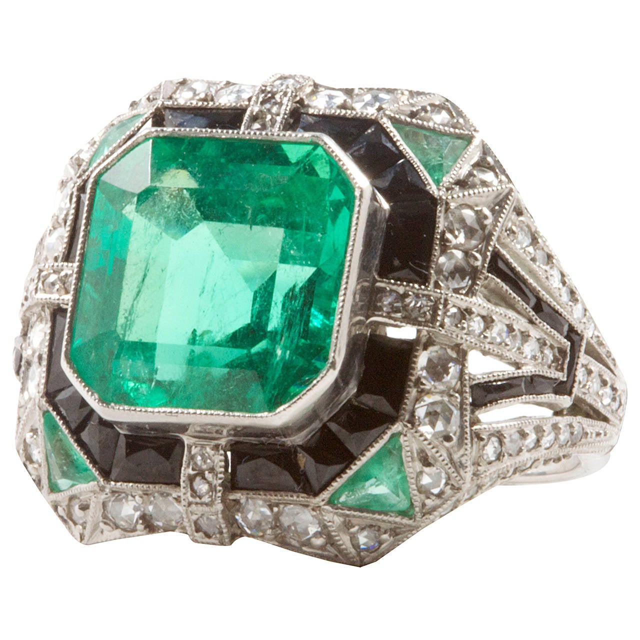 AGL 6.11 Colombian Emerald Diamond Onyx Platinum Ring
