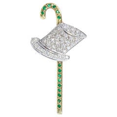 Emerald Diamond Gold Top Hat and Cane Brooch