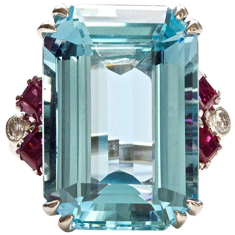 Aquamarine Ruby Diamond Ring In Excellent Condition In Beverly Hills, CA