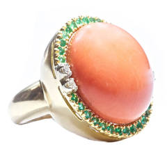 Large Coral Emerald Diamond Gold Ring