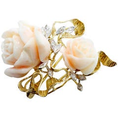 Vintage Lovely Pink Rose Coral Diamond Gold Brooch