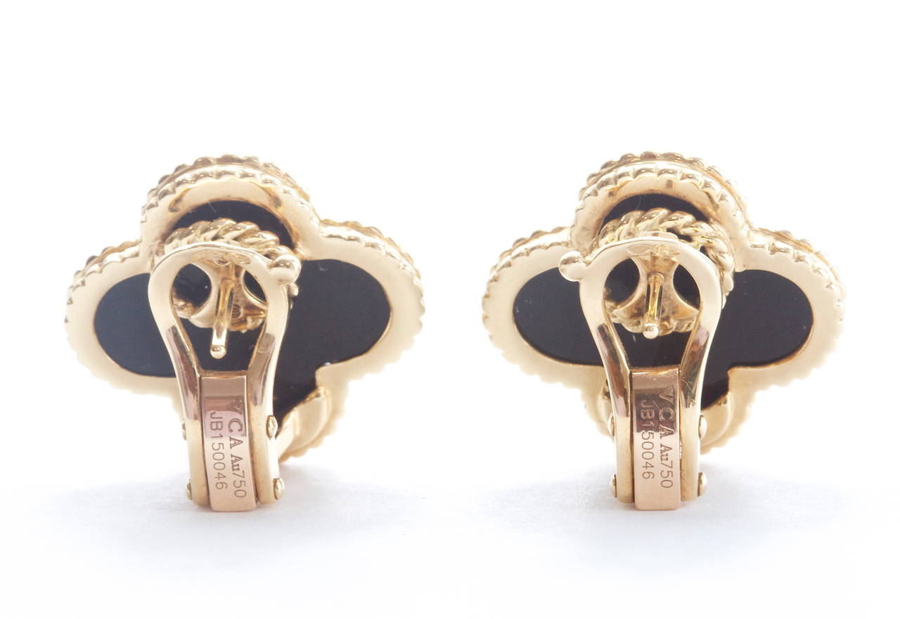 Van Cleef and Arpels Rare Onyx Yellow Gold Large Alhambra Earrings at