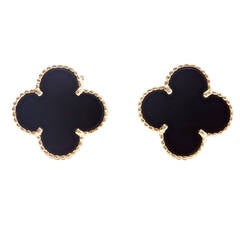 Vintage Van Cleef and Arpels Rare Onyx Yellow Gold Large Alhambra Earrings