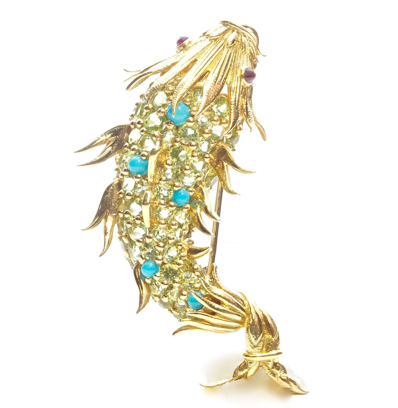 Women's Spectacular Tiffany & Co. Schlumberger Peridot Turquoise Ruby Gold Fish Brooch